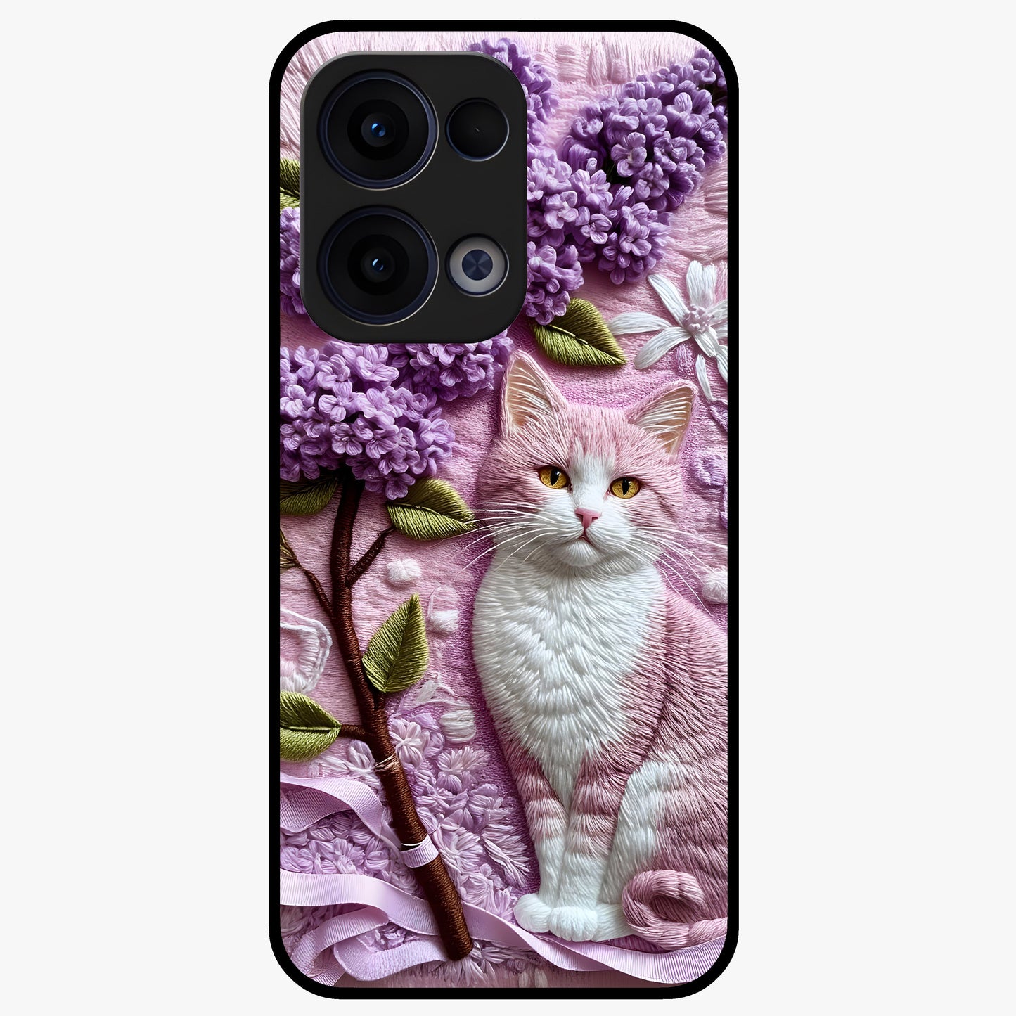 Lavender Cat Whimsy Glass Case showing flat back view with cute lavender cat artwork and glossy glass finish.