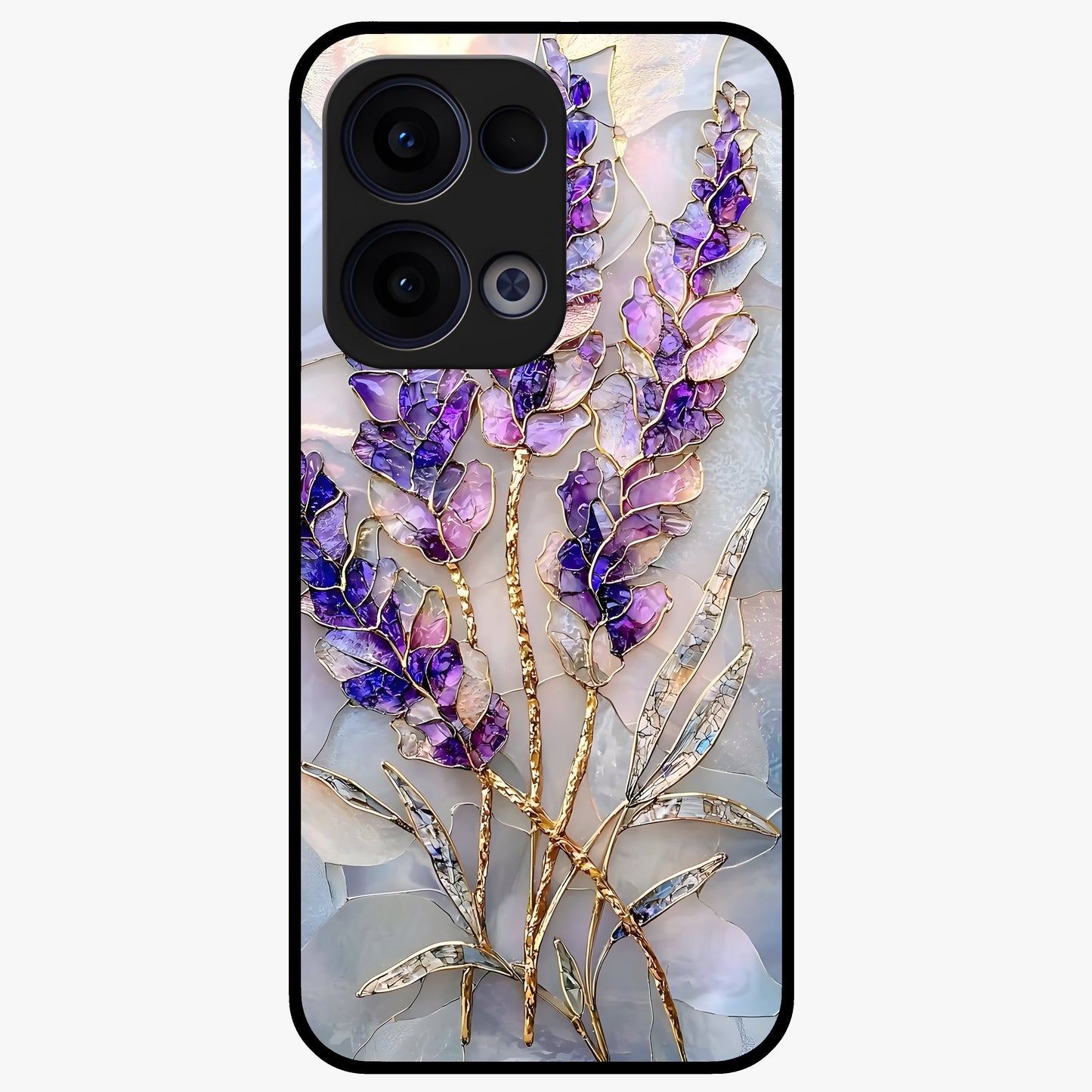 Lavender Dream Glow Glass Case showing flat back view with glowing lavender aesthetic artwork and glossy glass finish.