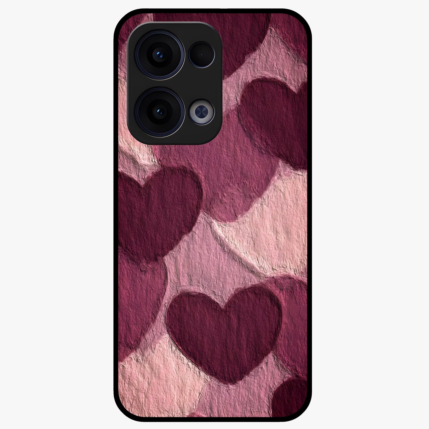 Layered Paper Hearts Glass Case showing flat back view with layered paper heart artwork and glossy glass finish.