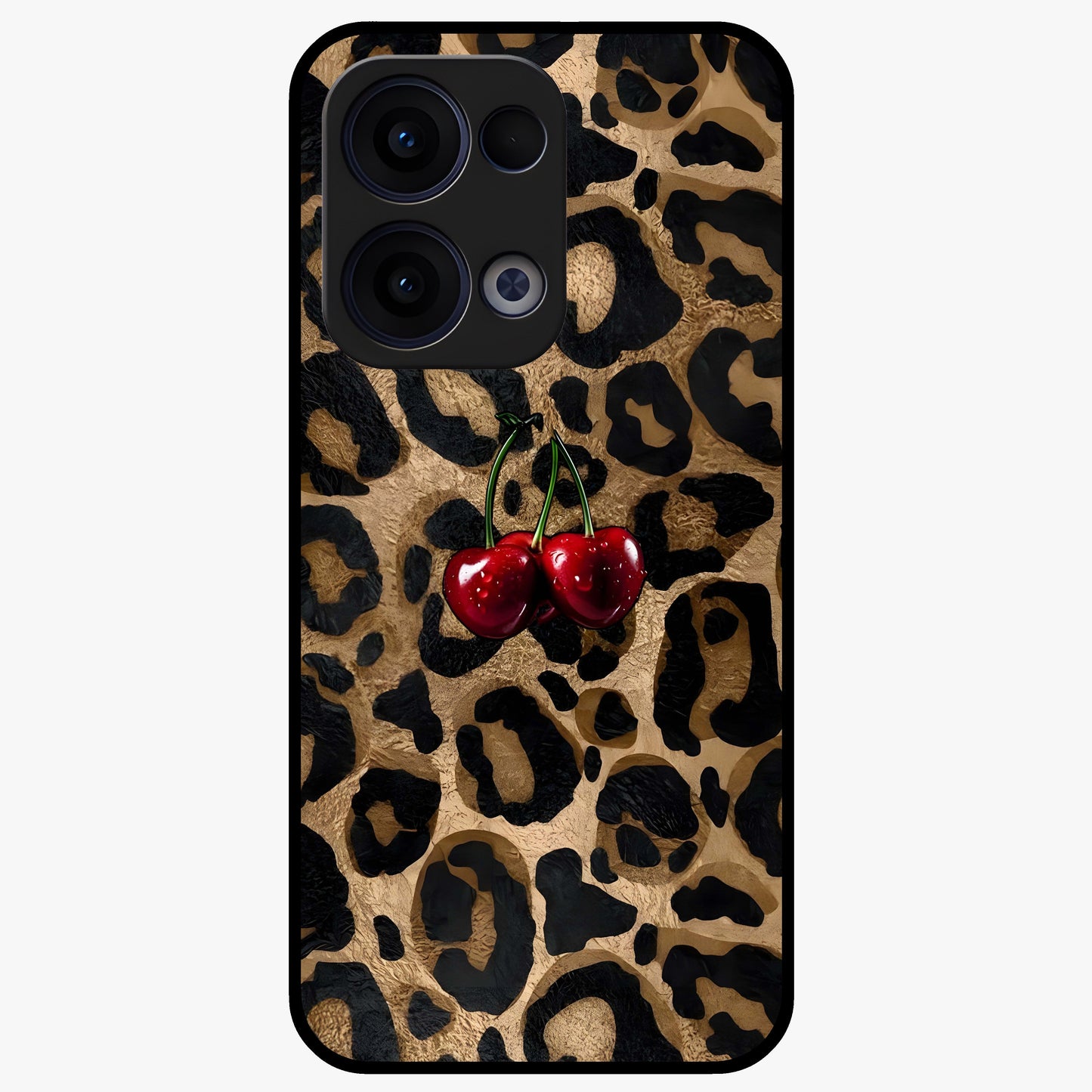 Leopard Wild Cherry Glass Case showing flat back view with leopard pattern and cherry artwork and glossy glass finish.