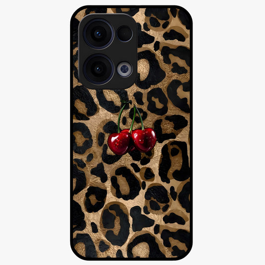 Leopard Wild Cherry Glass Case showing flat back view with leopard pattern and cherry artwork and glossy glass finish.
