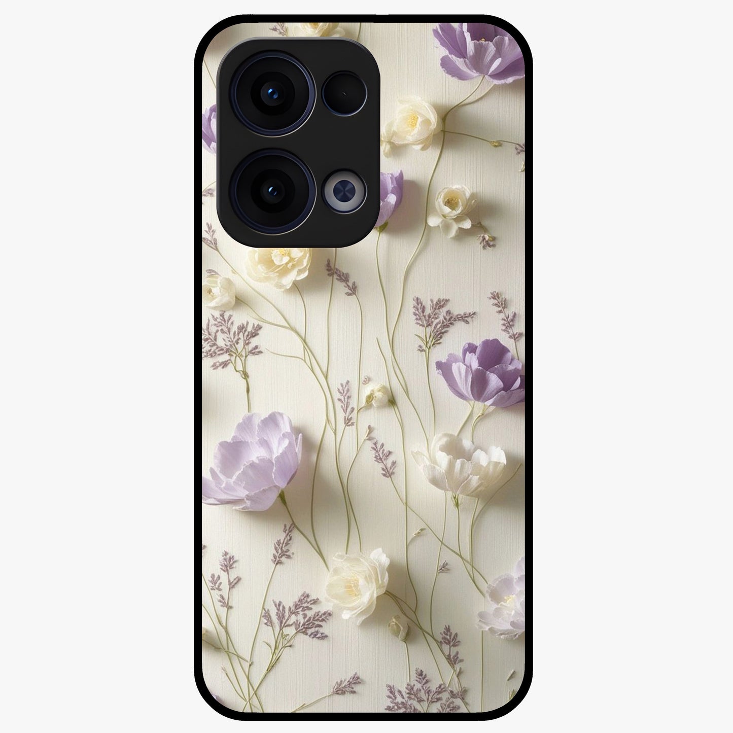 Lilac Breeze Harmony Glass Case showing flat back view with soft lilac themed artwork and glossy glass finish.