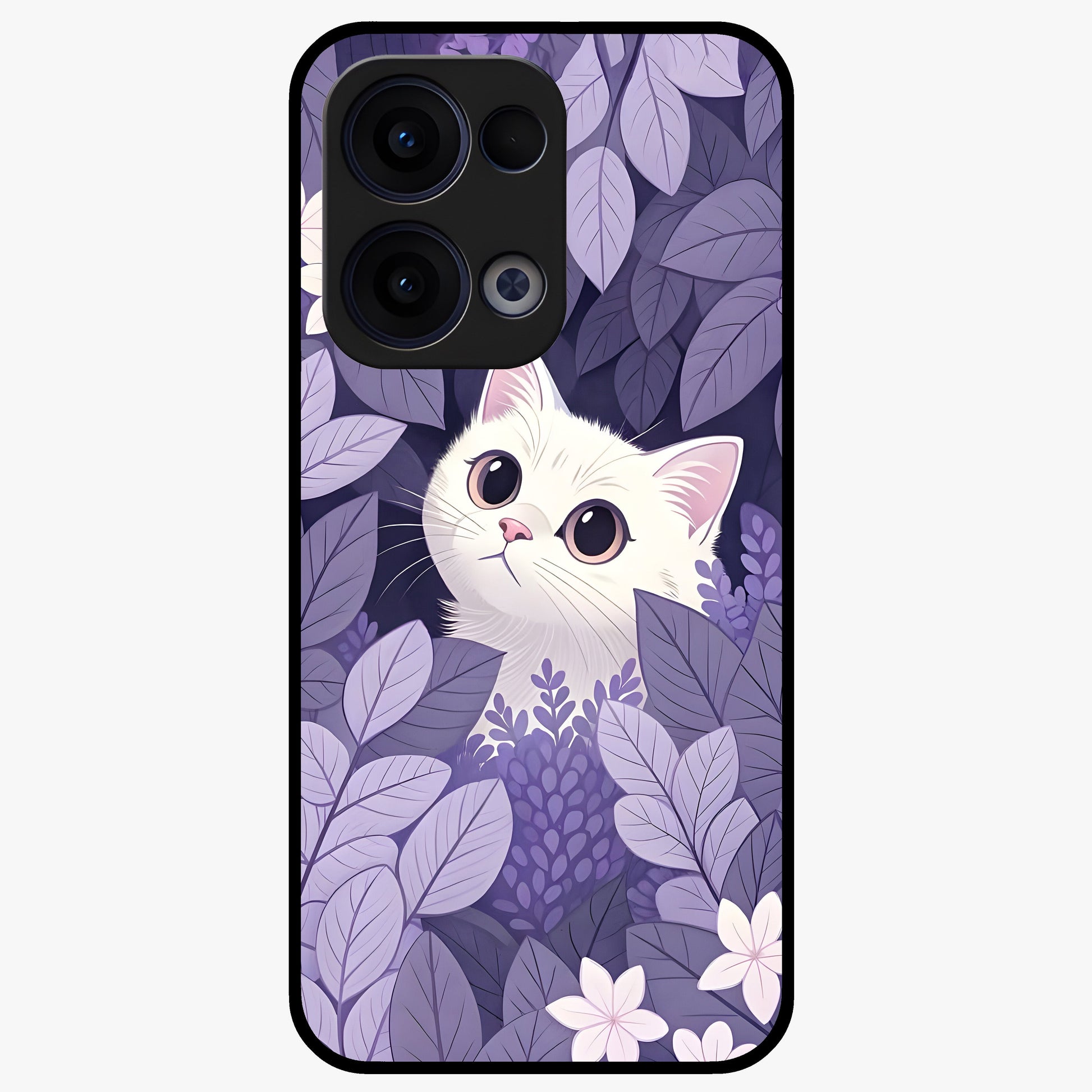 Lilac Hide Peek Cat Glass Case showing flat back view with cute peeking cat artwork and glossy glass finish.
