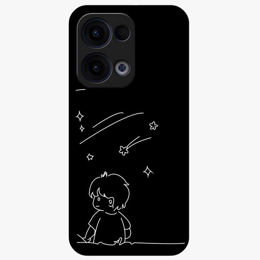 Line Art Boy With Shooting Stars Glass Case showing flat back view with minimal line art boy and shooting stars illustration and glossy glass finish.