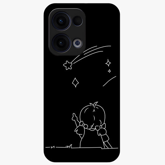 Line Art Girl With Shooting Stars Glass Case showing flat back view with minimal line art girl and shooting stars illustration and glossy glass finish.