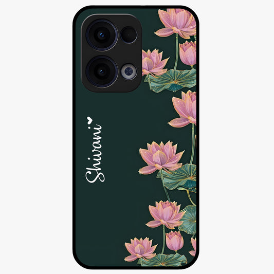 Lotus Bloom Serenity Custom Name Glass Case showing flat back view with elegant lotus flower artwork and personalized name design.