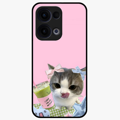 Love Matcha Cat Glass Case showing flat back view with cute cat and matcha themed artwork and glossy glass finish.