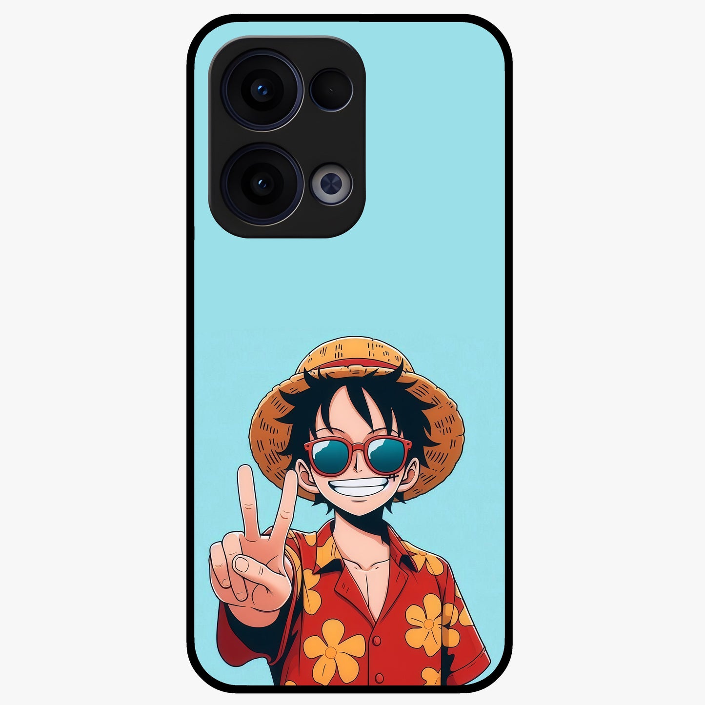 Luffy Summer Anime Vibe Glass Case showing flat back view with vibrant anime character artwork and glossy glass finish.