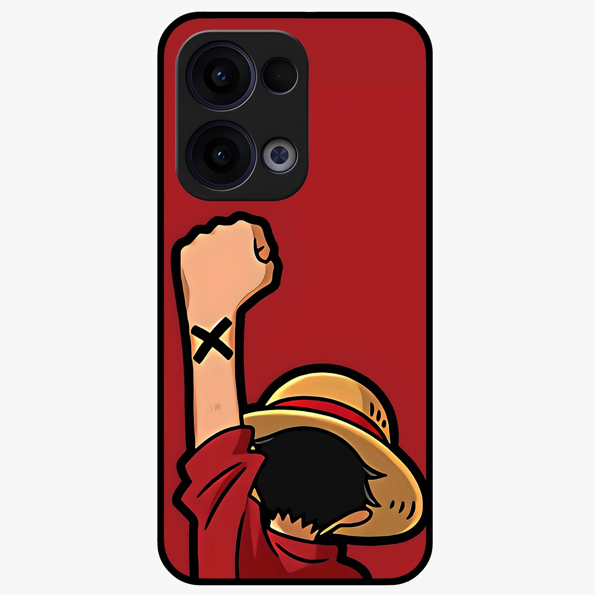 Luffy X Spirit Glass Case showing flat back view with bold anime character artwork and glossy glass finish.