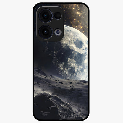 Lunar Horizon Glow Glass Case showing flat back view with glowing moon horizon artwork and glossy glass finish.