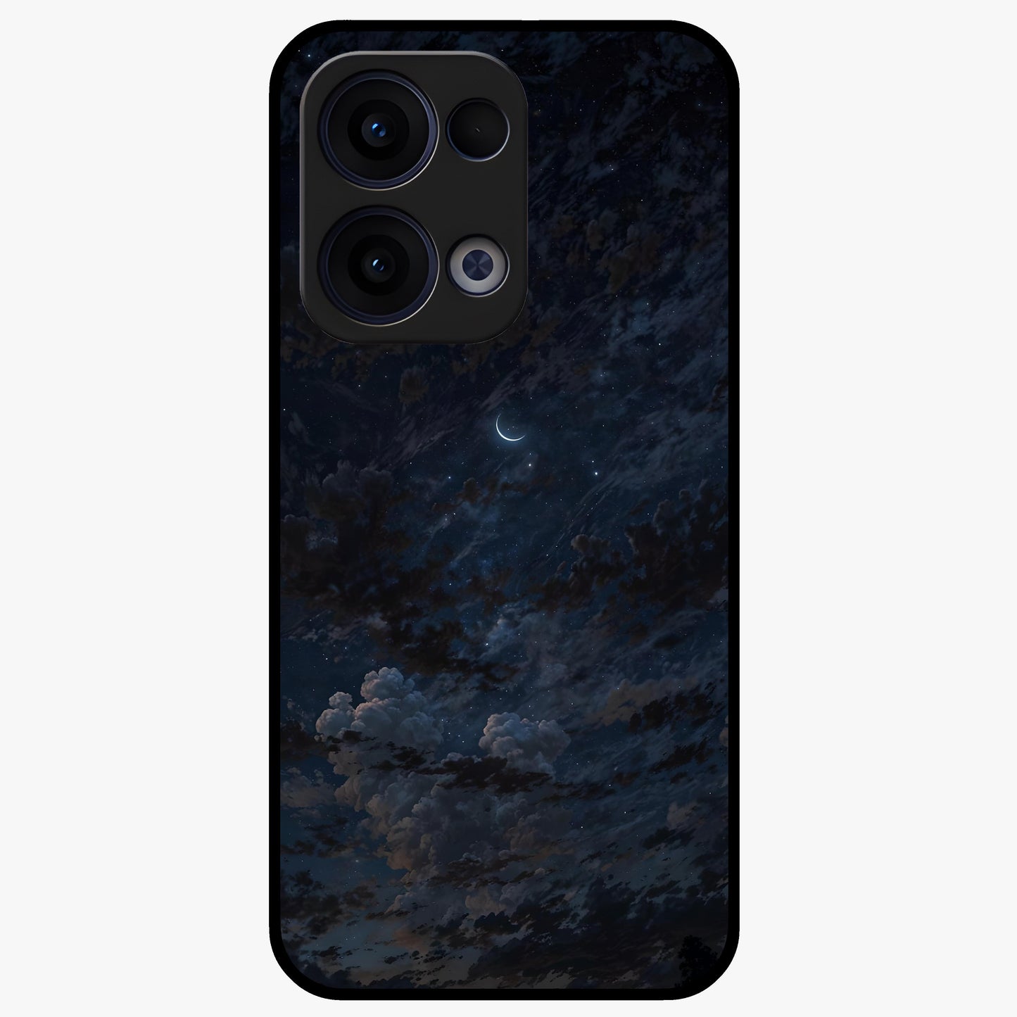 Lunar Veil Silence Glass Case showing flat back view with mystical moon veil artwork and glossy glass finish.