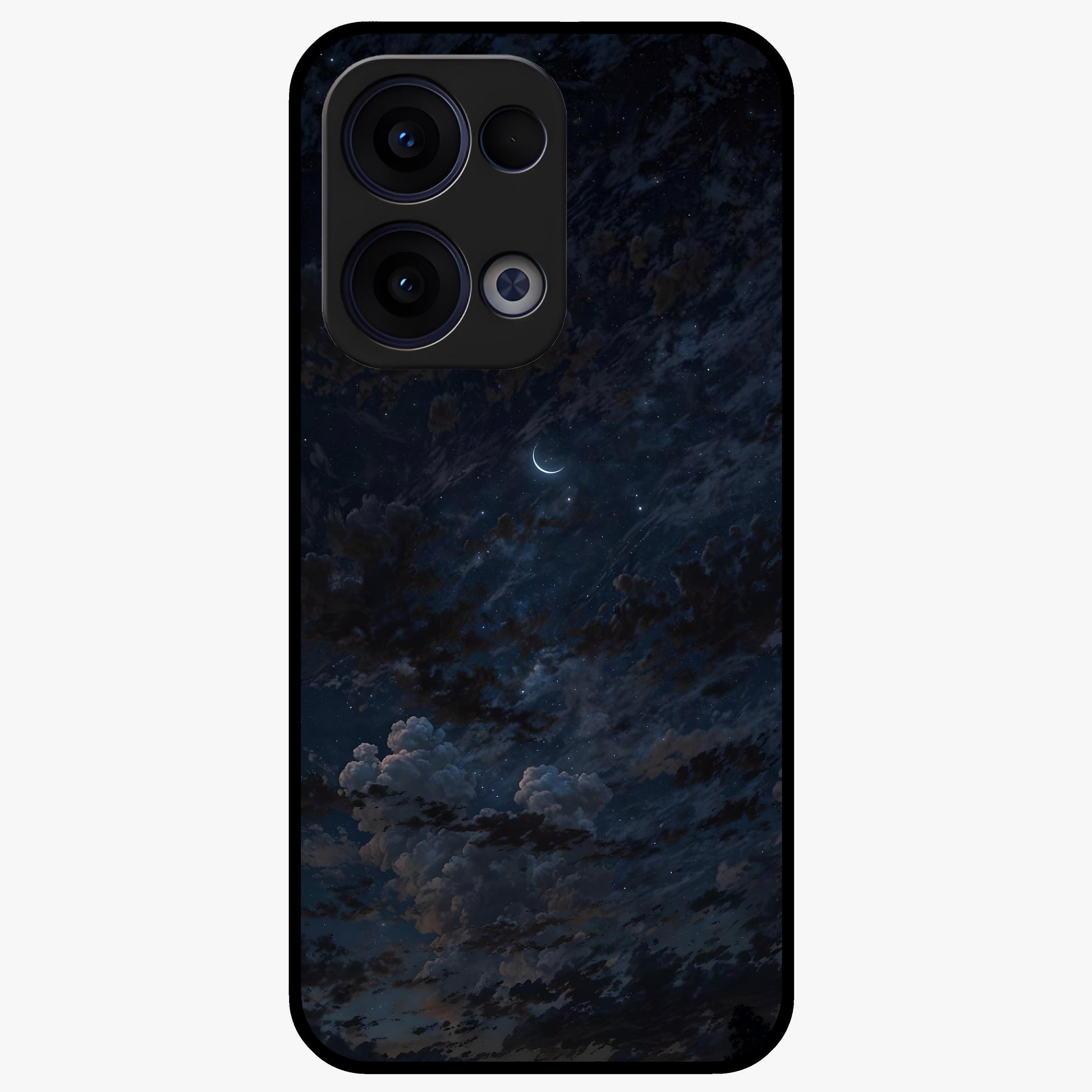 Lunar Veil Silence Glass Case showing flat back view with mystical moon veil artwork and glossy glass finish.