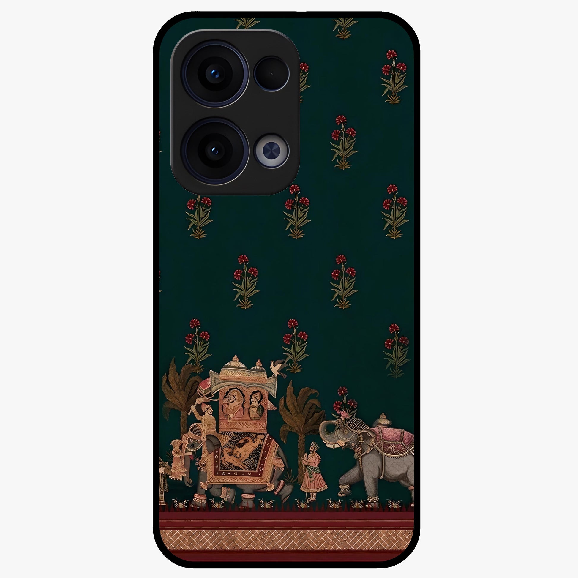 Macmerise Glass Case showing flat back view with stylish modern artwork and glossy glass finish.