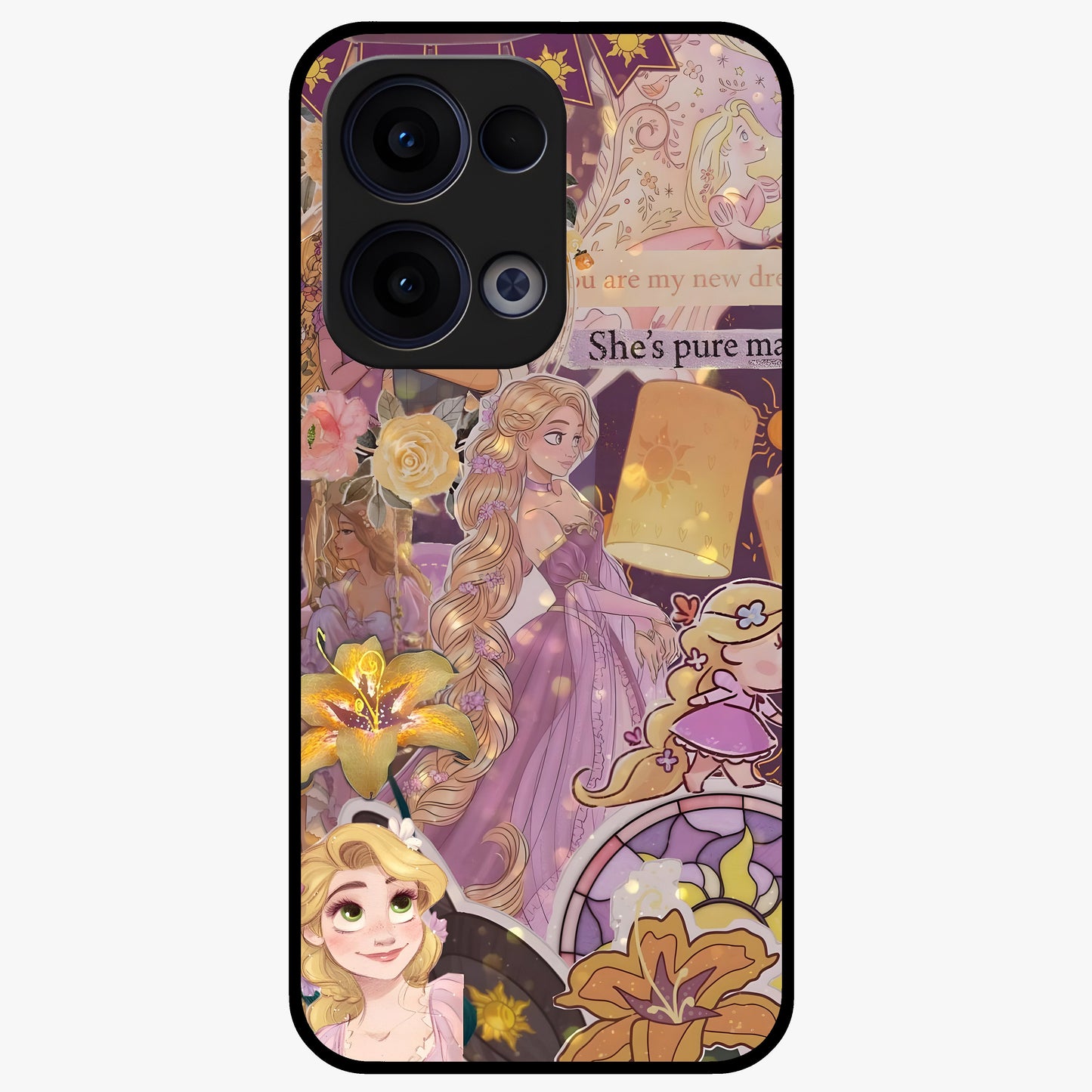 Magical Tangled Dream Glass Case showing flat back view with dreamy tangled artwork and glossy glass finish.