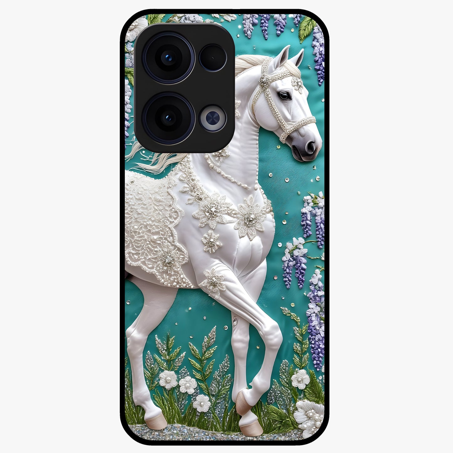 Majestic Floral Stallion Glass Case showing flat back view with powerful horse and floral artwork and glossy glass finish.