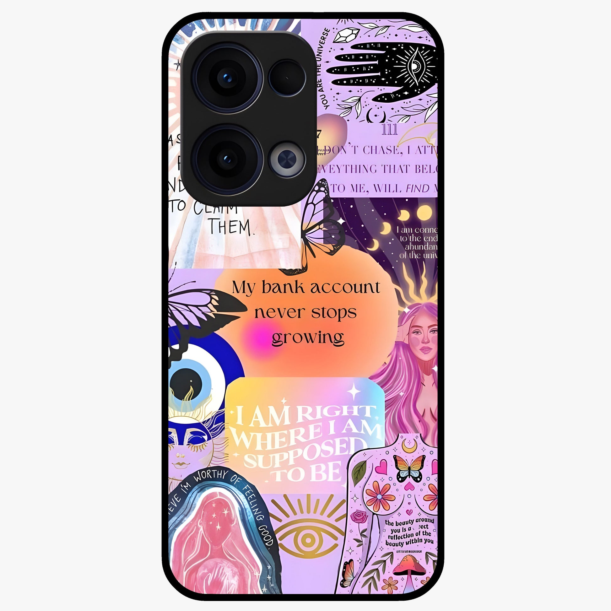 Manifestation Collage Glass Case showing flat back view with motivational collage artwork and glossy glass finish.