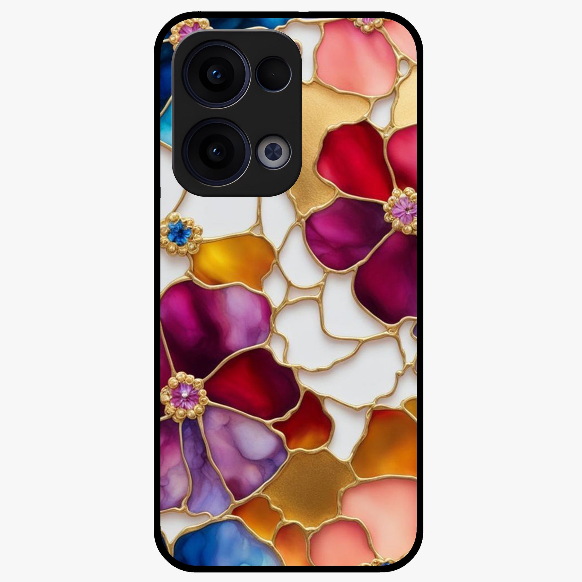 Marble Flower Pattern Glass Case showing flat back view with marble texture floral artwork and glossy glass finish.