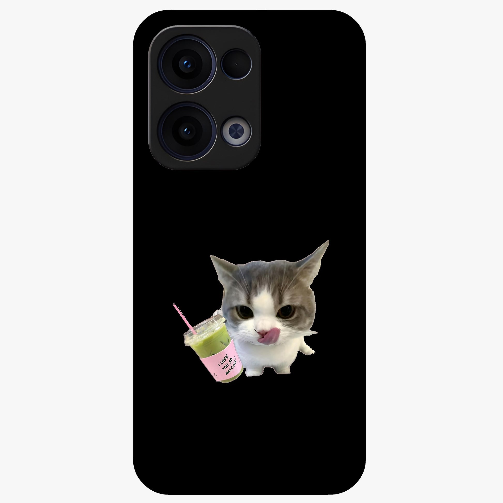 Matcha Cat Style Glass Case showing flat back view with cute matcha themed cat artwork and glossy glass finish.