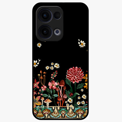 Midnight Bloom Pattern Glass Case showing flat back view with dark floral pattern artwork and glossy glass finish.