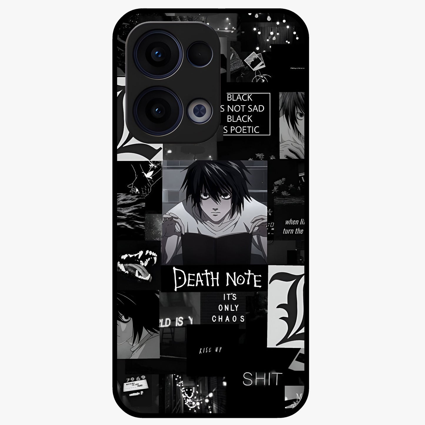 Midnight Chaos Mind Glass Case showing flat back view with abstract dark themed artwork and glossy glass finish.