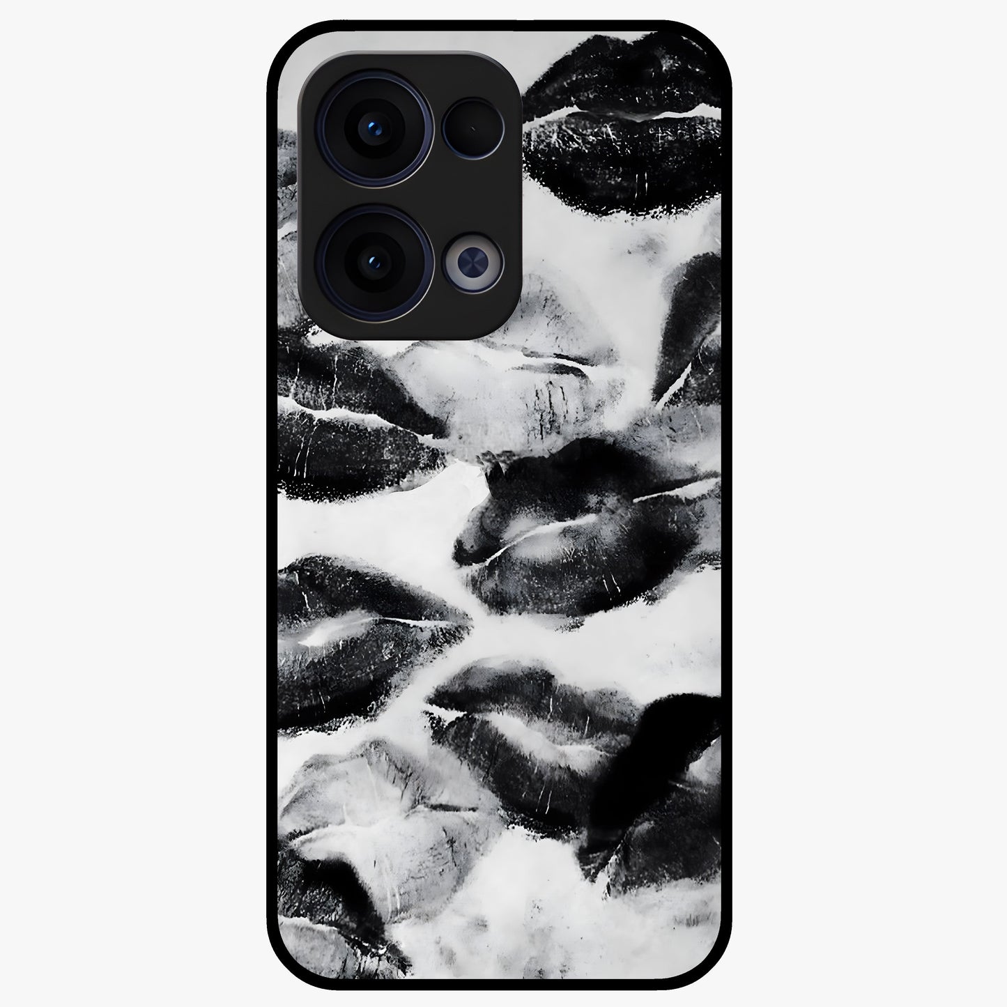 Midnight Kiss Marks Glass Case showing flat back view with lipstick kiss mark artwork and glossy glass finish.