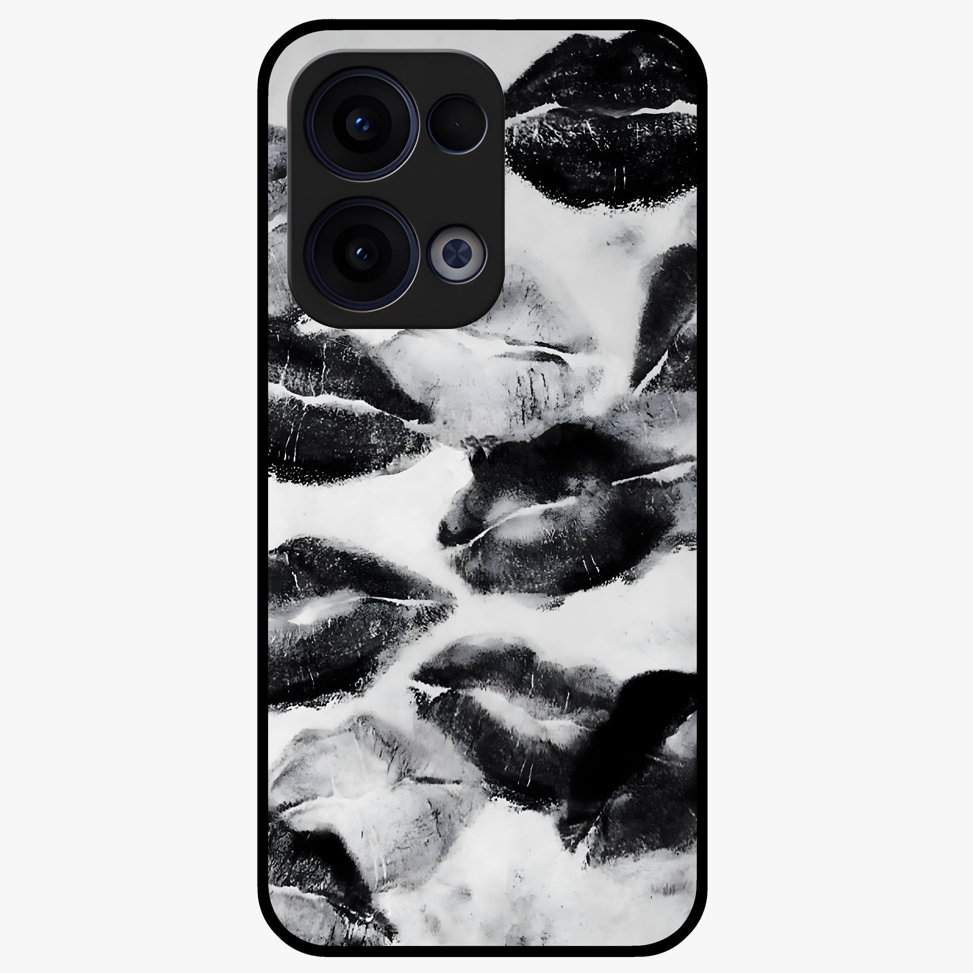 Midnight Kiss Marks Glass Case showing flat back view with lipstick kiss mark artwork and glossy glass finish.