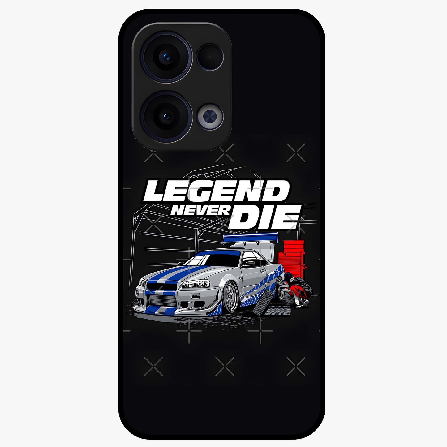 Midnight Racing Legacy Glass Case showing flat back view with sleek racing inspired artwork and glossy glass finish.