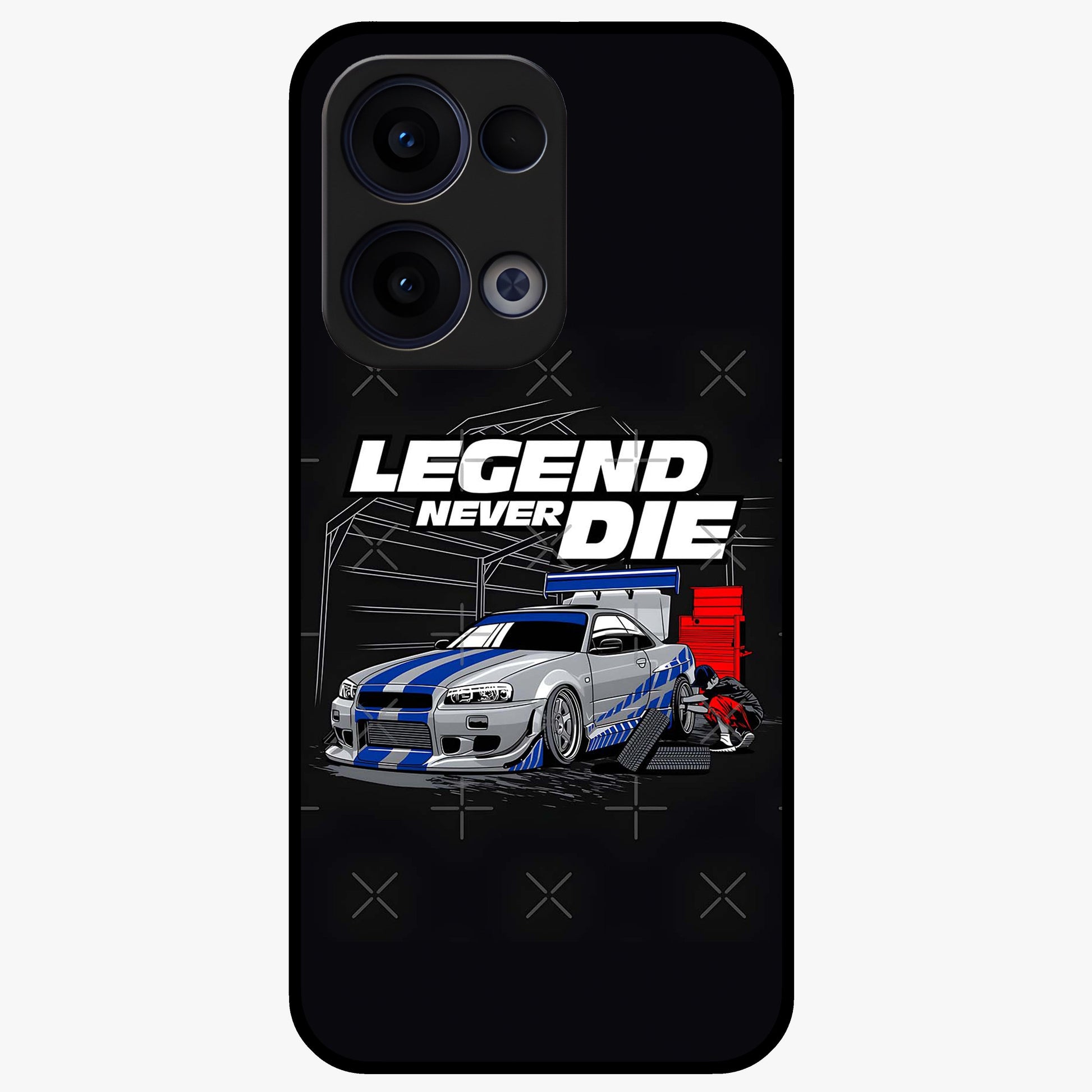 Midnight Racing Legacy Glass Case showing flat back view with sleek racing inspired artwork and glossy glass finish.