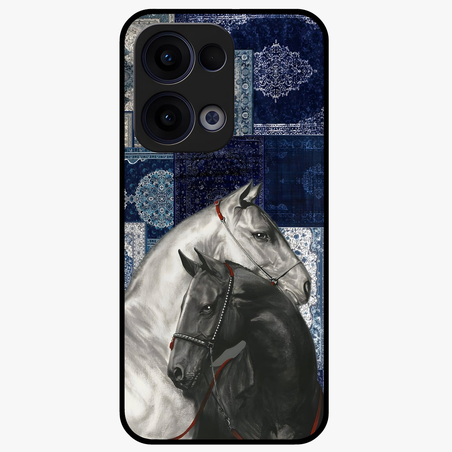 Midnight Stallion Blues Glass Case showing flat back view with majestic horse artwork and glossy glass finish.