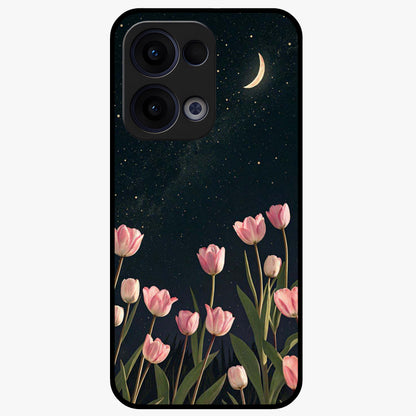 Midnight Tulip Whispers Vibe Glass Case showing flat back view with elegant tulip flower artwork and glossy glass finish.