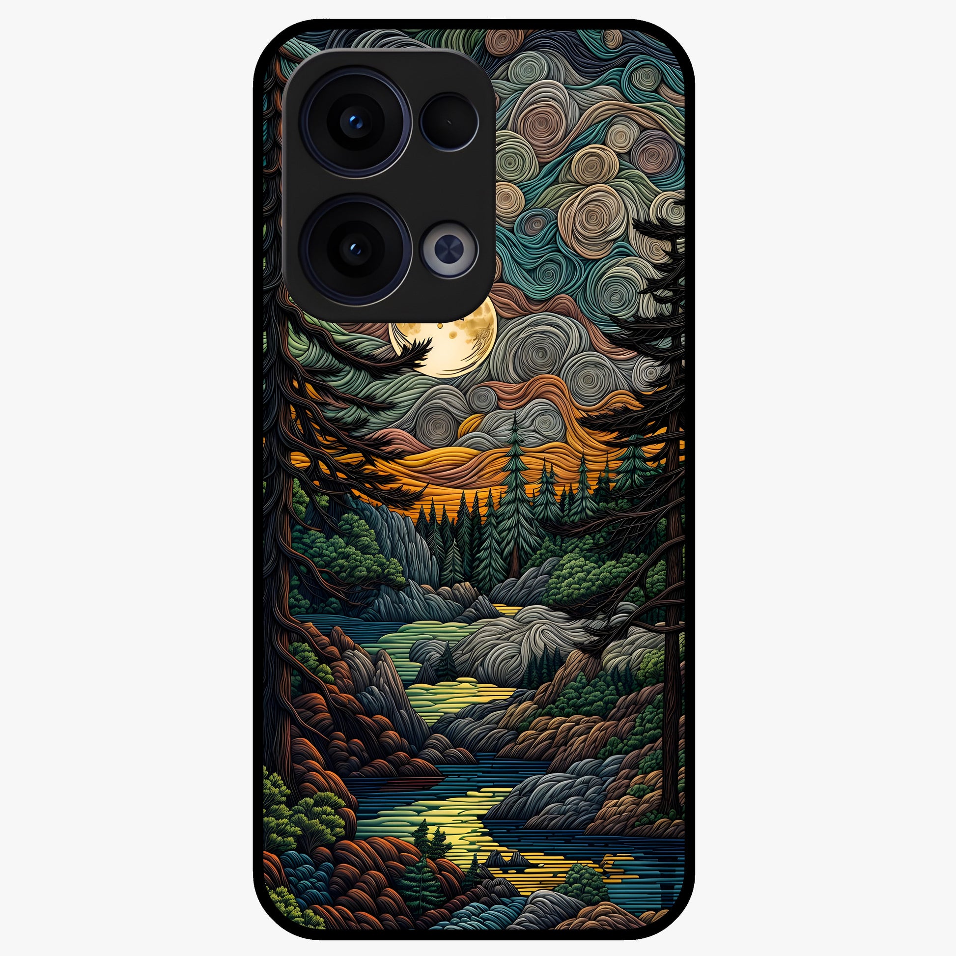 Moonlight Forest Dream Glass Case showing flat back view with mystical forest moonlight artwork and glossy glass finish.