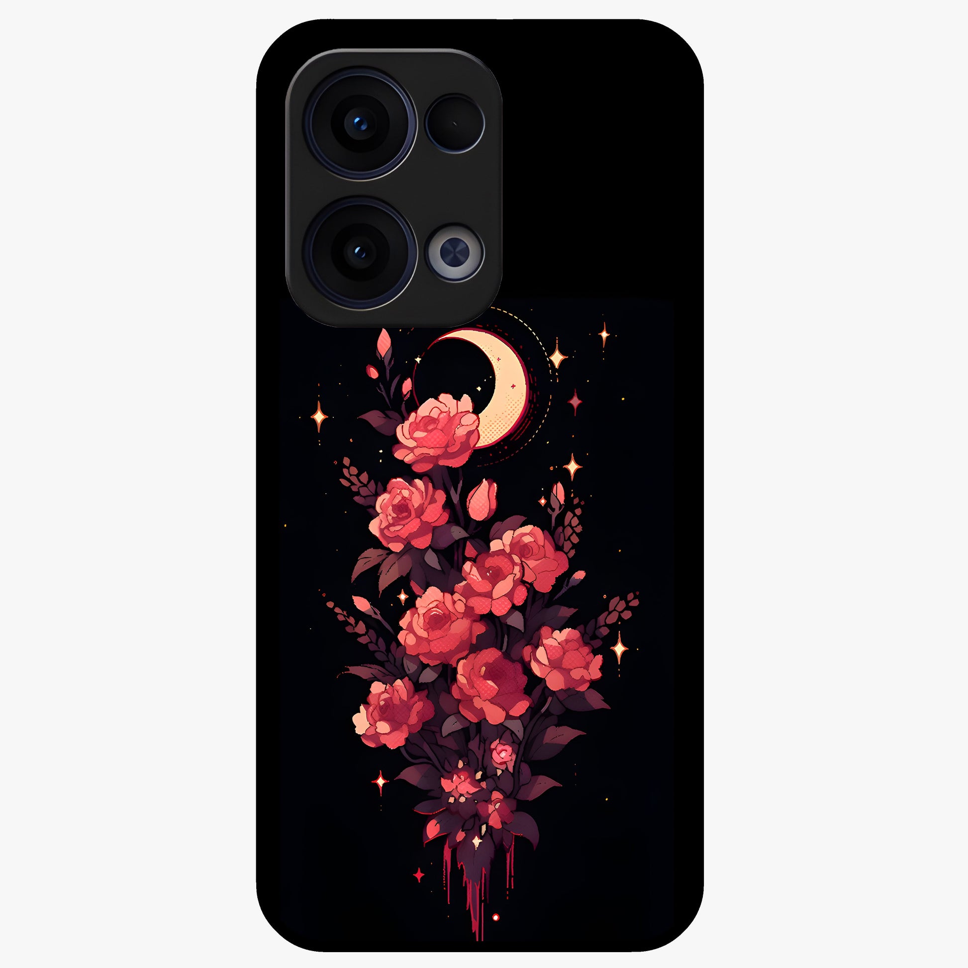 Moonlit Floral Elegance Glass Case showing flat back view with elegant floral artwork under moonlit tones and glossy glass finish.