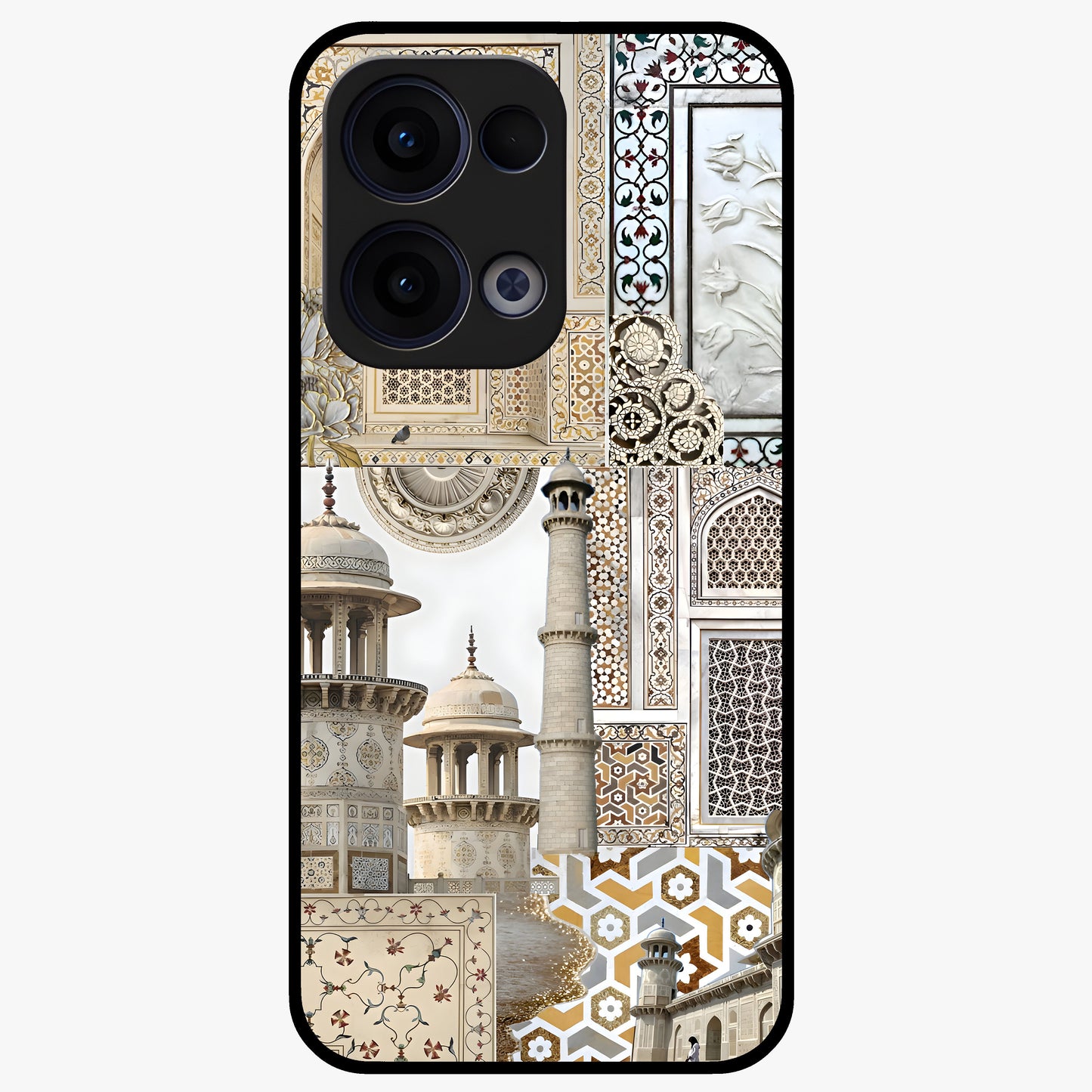 Mughal Marble Legacy Glass Case showing flat back view with intricate Mughal inspired marble pattern and glossy glass finish.