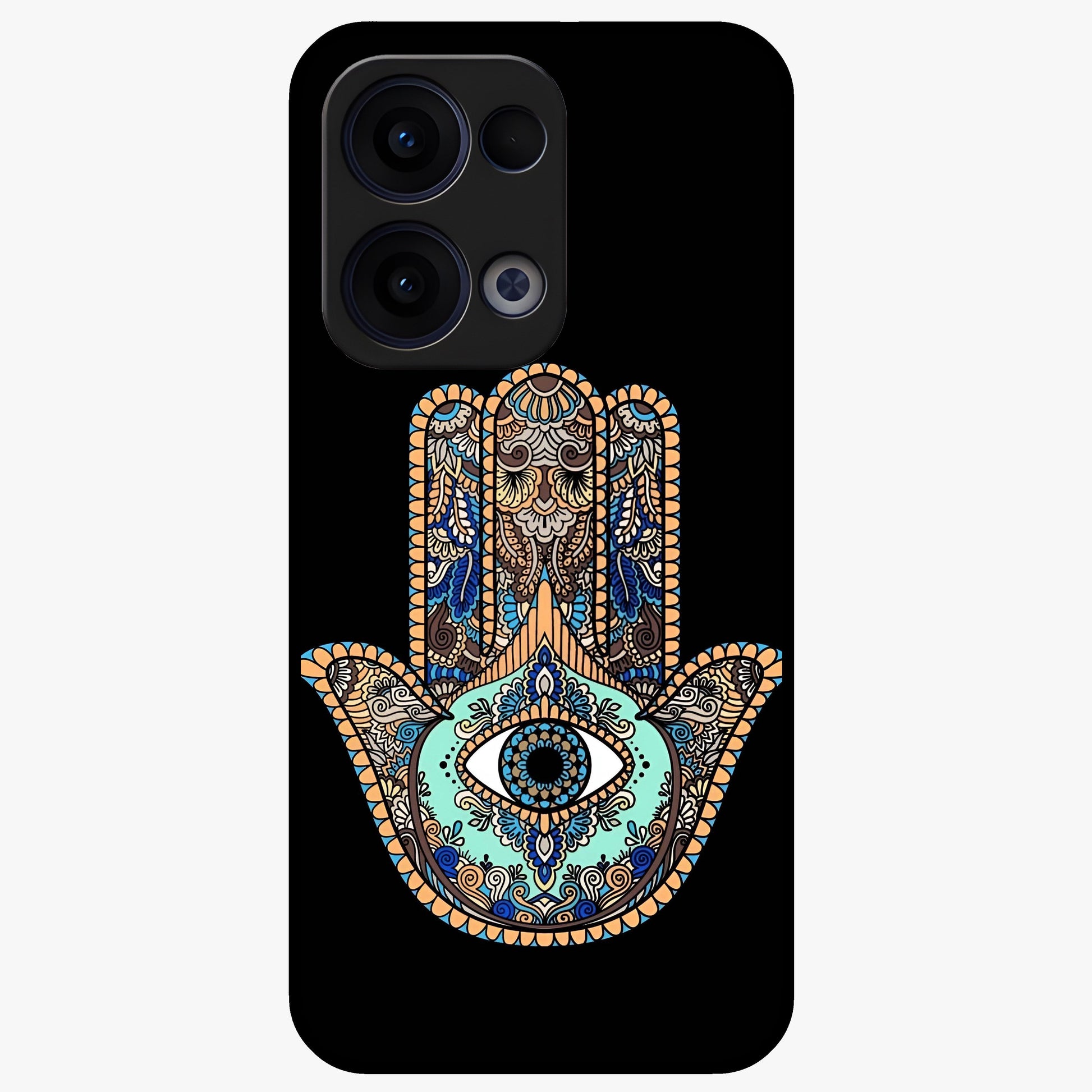 Mystic Hamsa Eye Glass Case showing flat back view with protective hamsa hand and evil eye artwork and glossy glass finish.