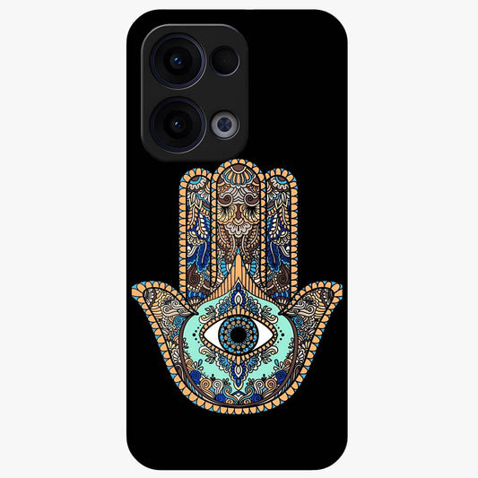Mystic Hamsa Eye Glass Case showing flat back view with protective hamsa hand and evil eye artwork and glossy glass finish.