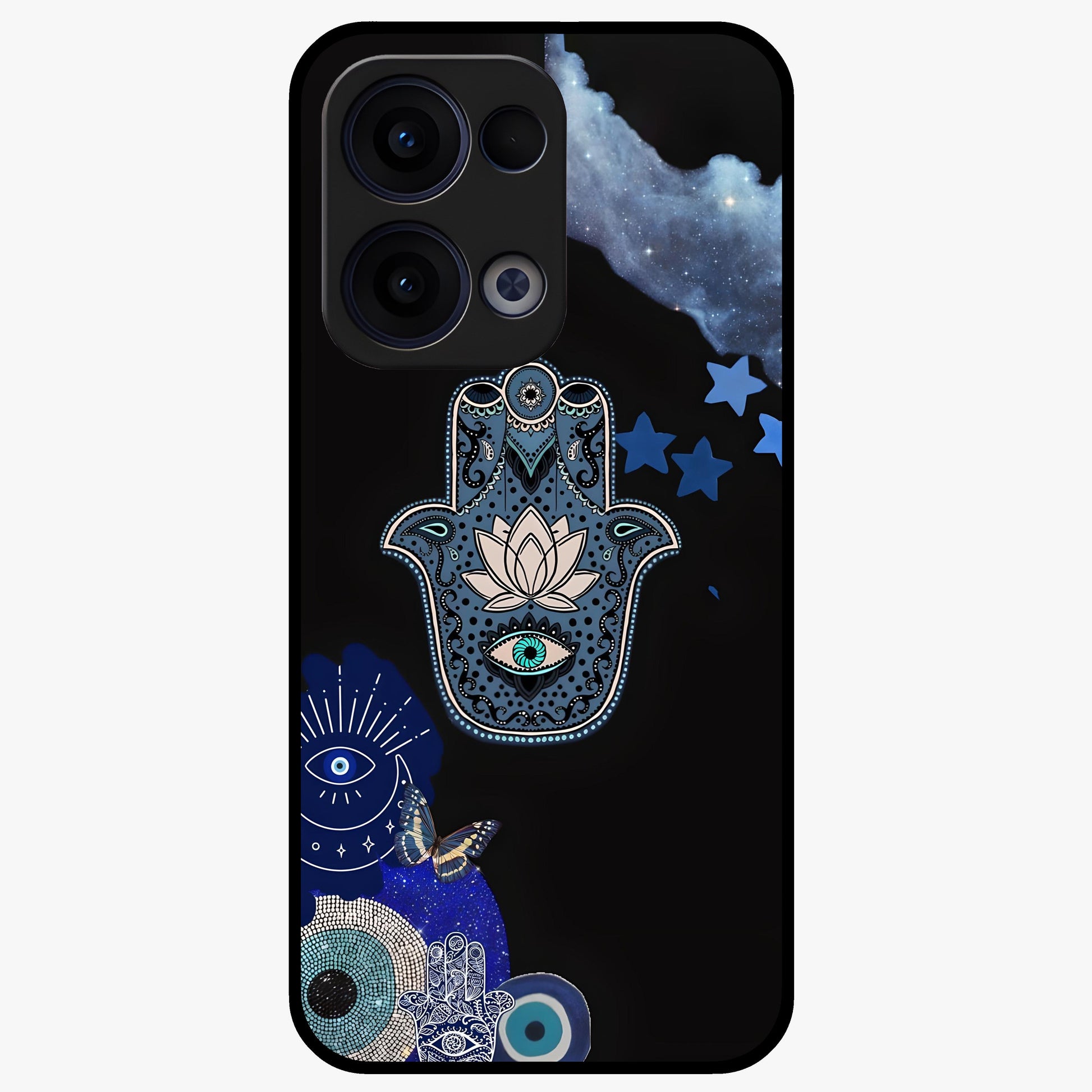 Mystic Hand Aura Glass Case showing flat back view with mystical hand symbol artwork and glossy glass finish.