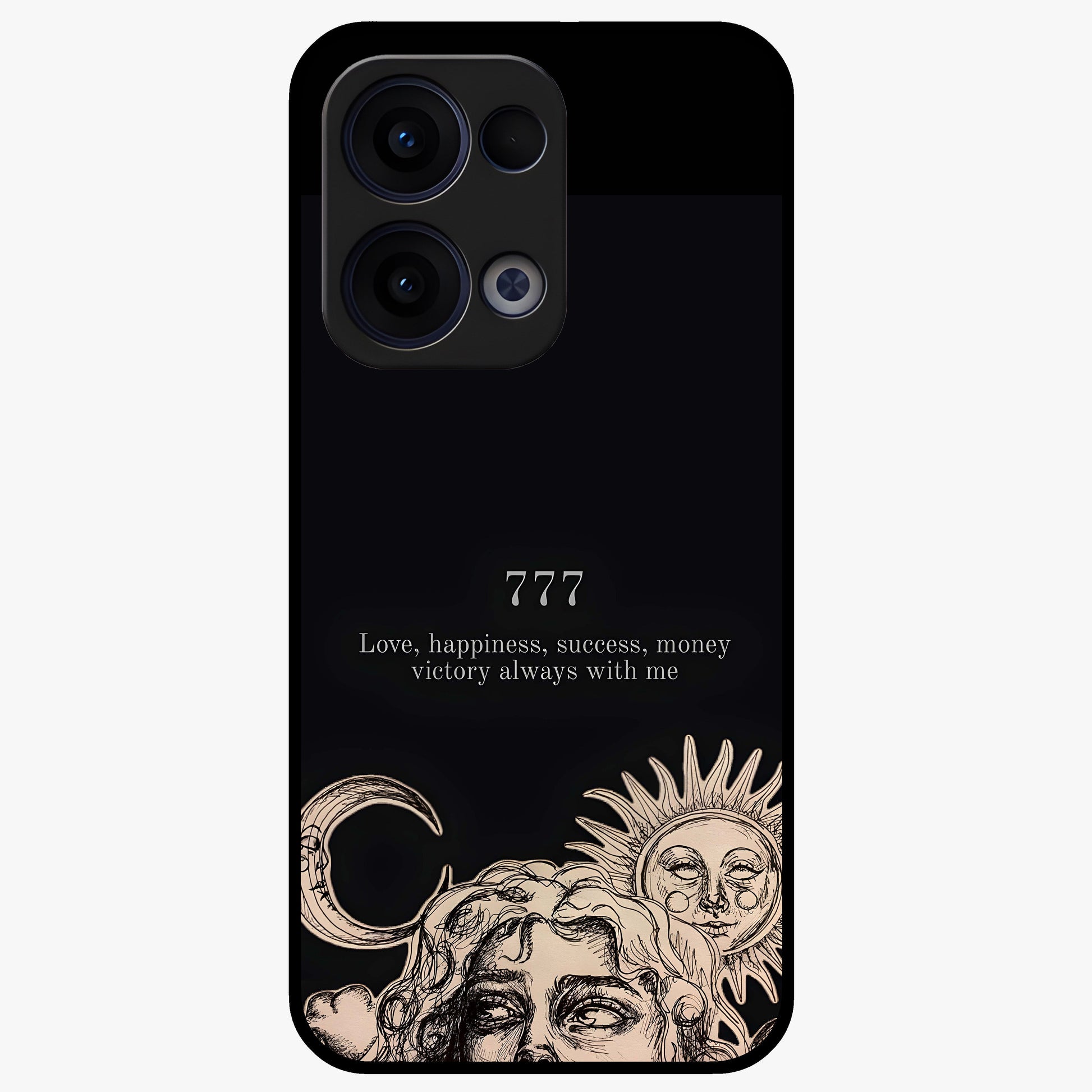 Mystic Victory Aura Glass Case showing flat back view with victory symbol artwork and glossy glass finish.