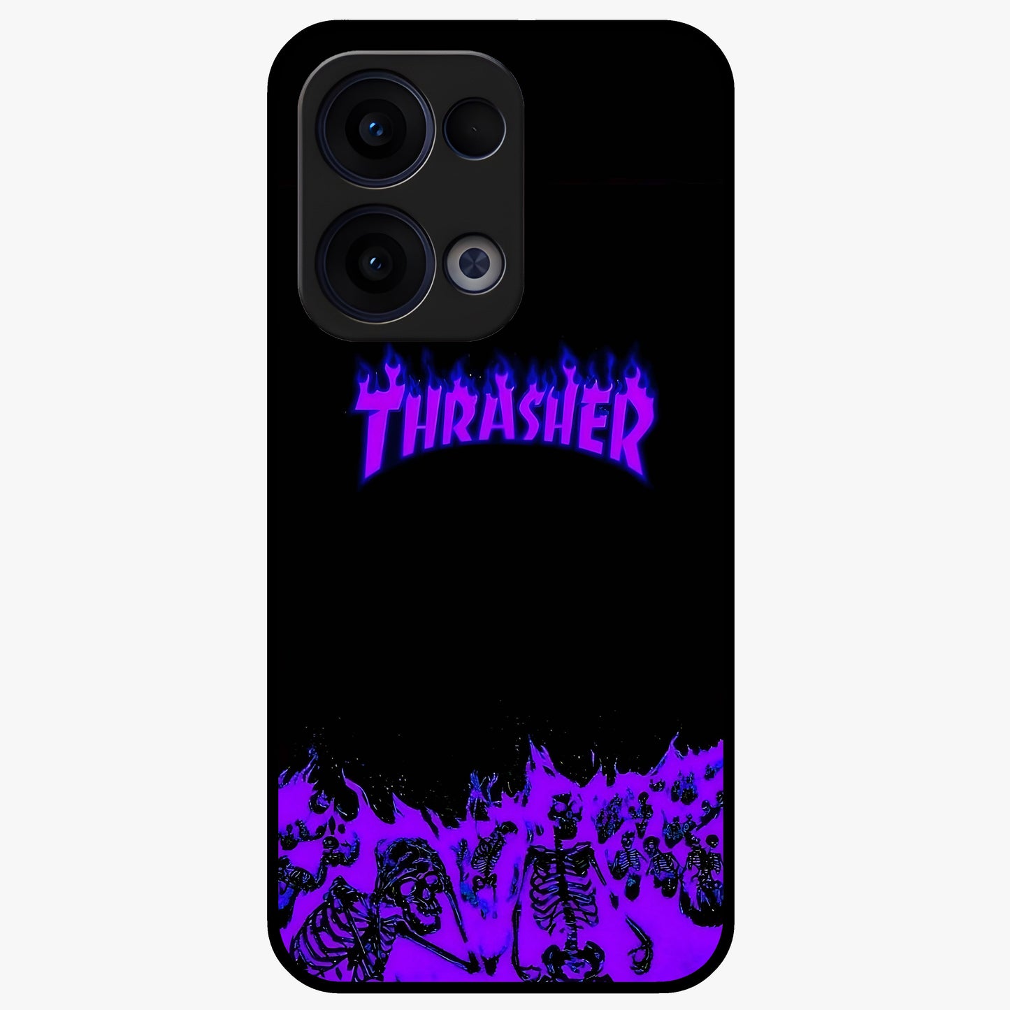 Neon Flame Riot Glass Case showing flat back view with neon flame artwork and glossy glass finish.
