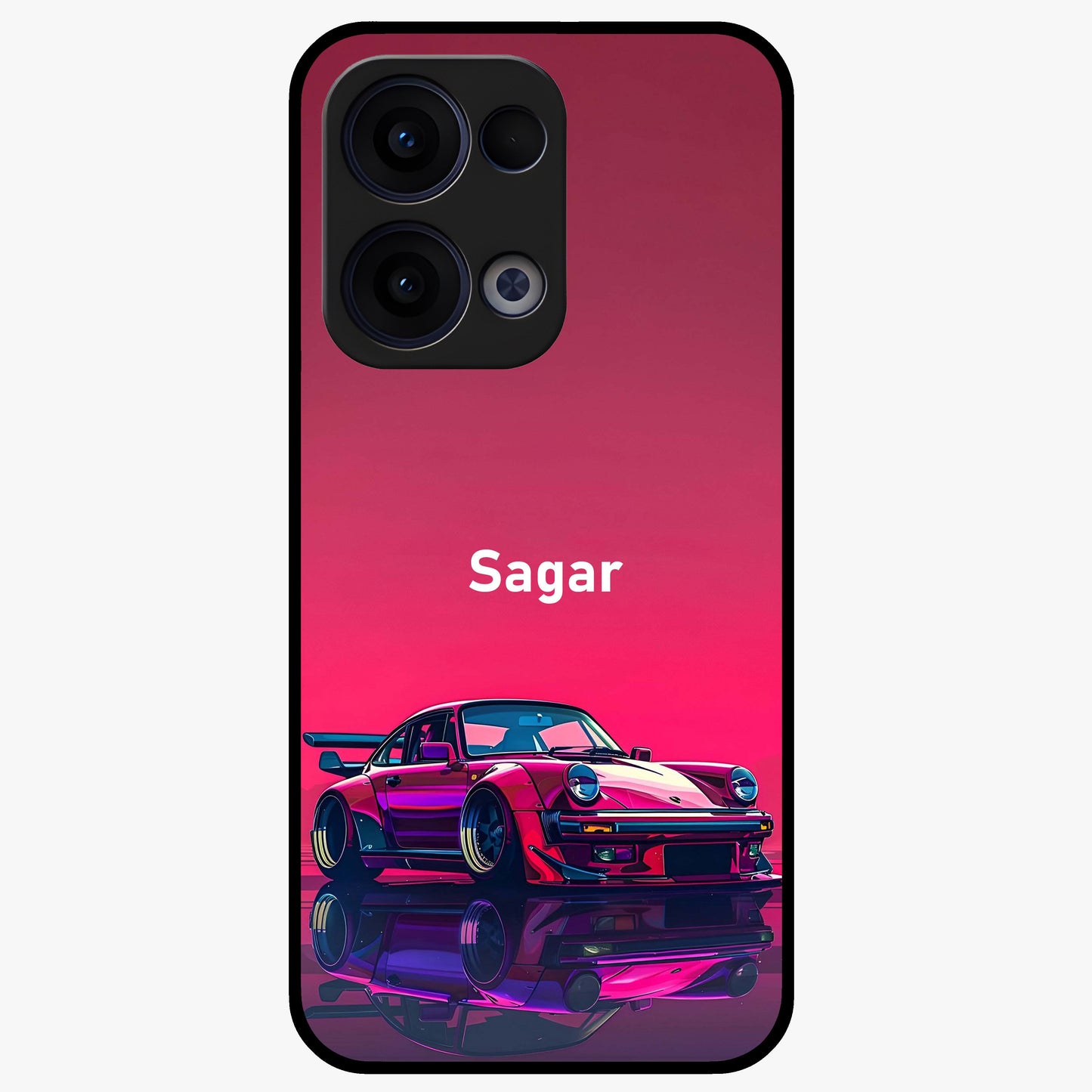 Neon Pink Porsche Glass Case showing flat back view with stylish sports car artwork and glossy glass finish.