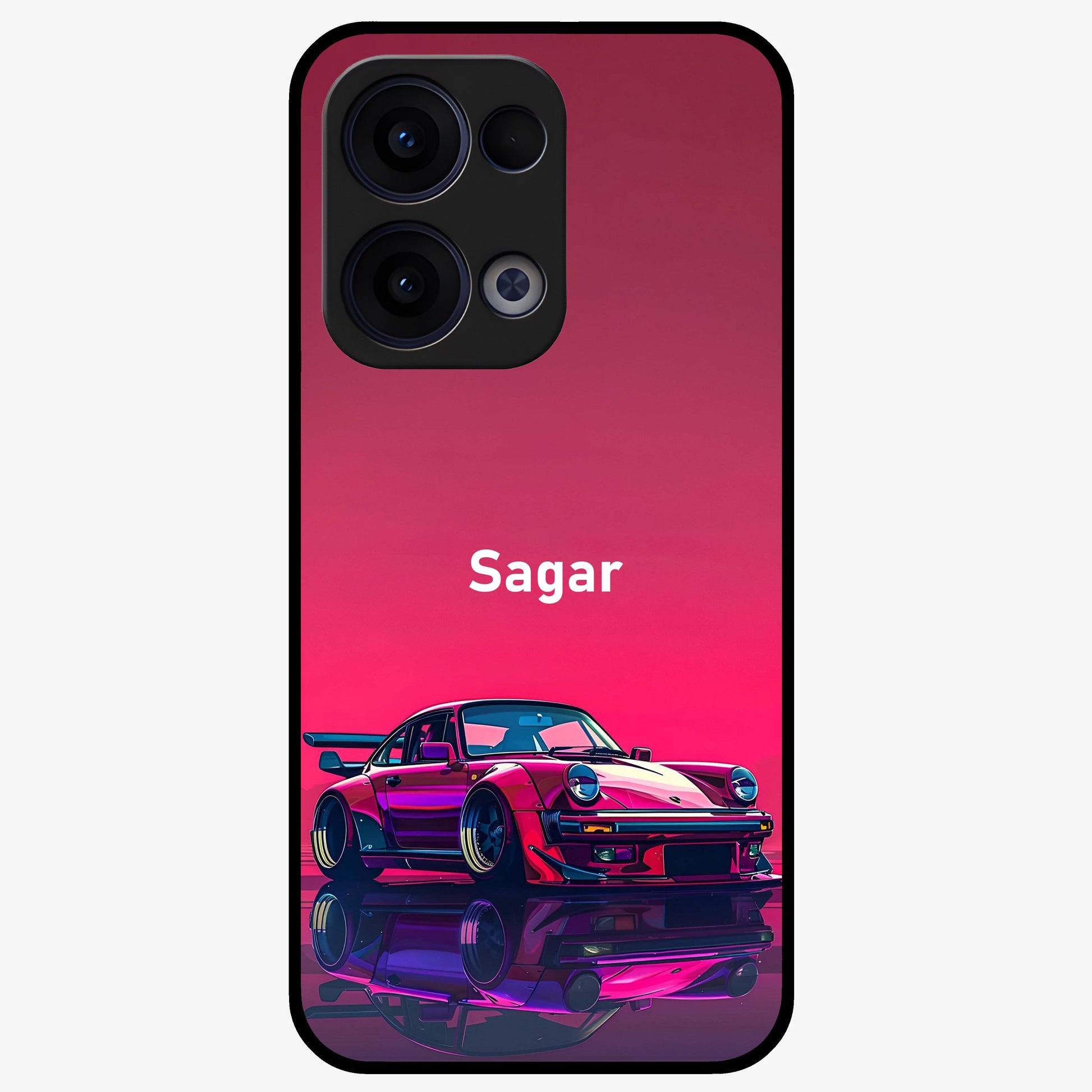 Neon Pink Porsche Glass Case showing flat back view with stylish sports car artwork and glossy glass finish.