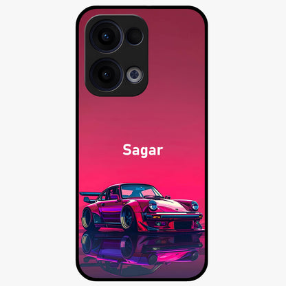 Neon Pink Porsche Glass Case showing flat back view with stylish sports car artwork and glossy glass finish.