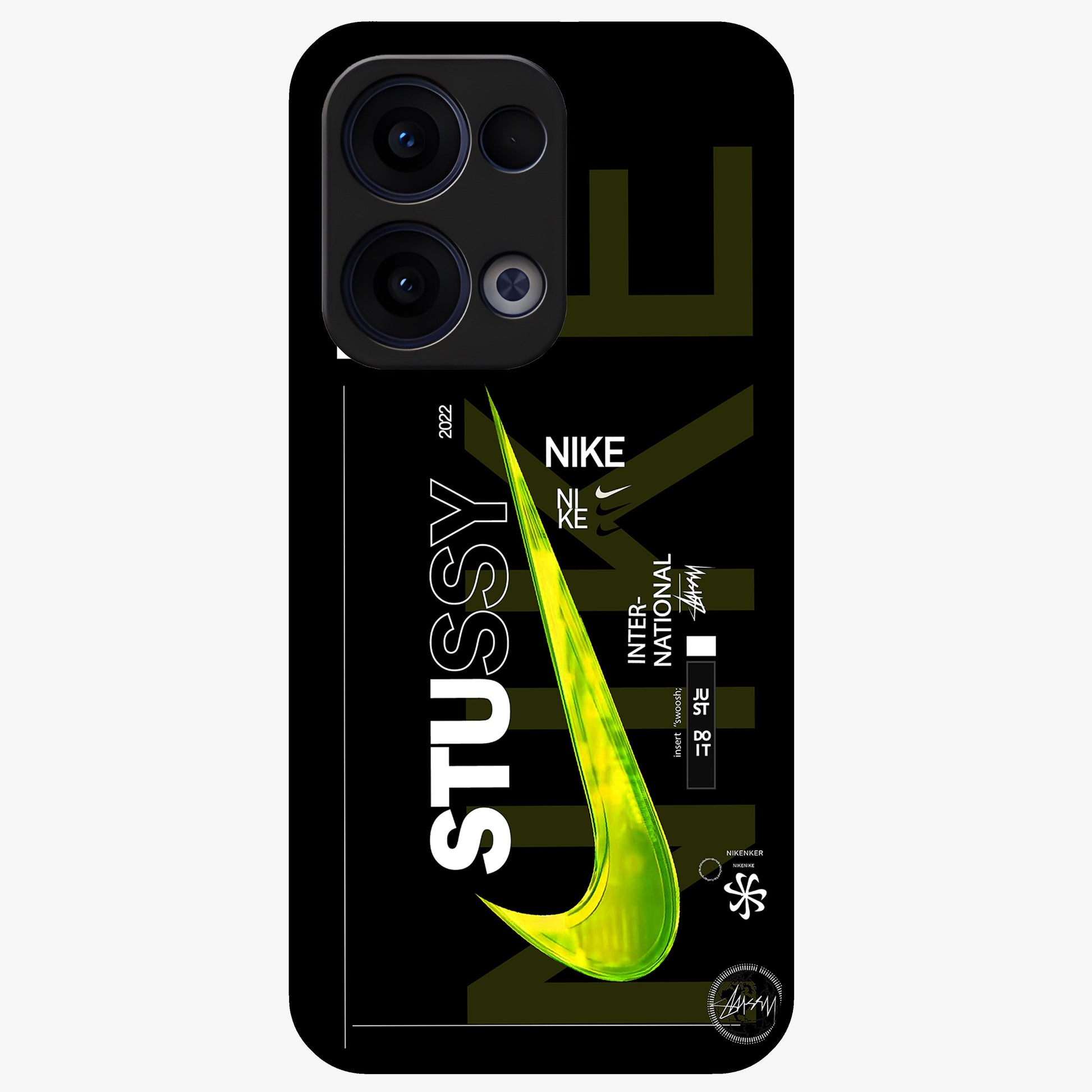 Neon Street Edition Glass Case showing flat back view with neon street style artwork and glossy glass finish.