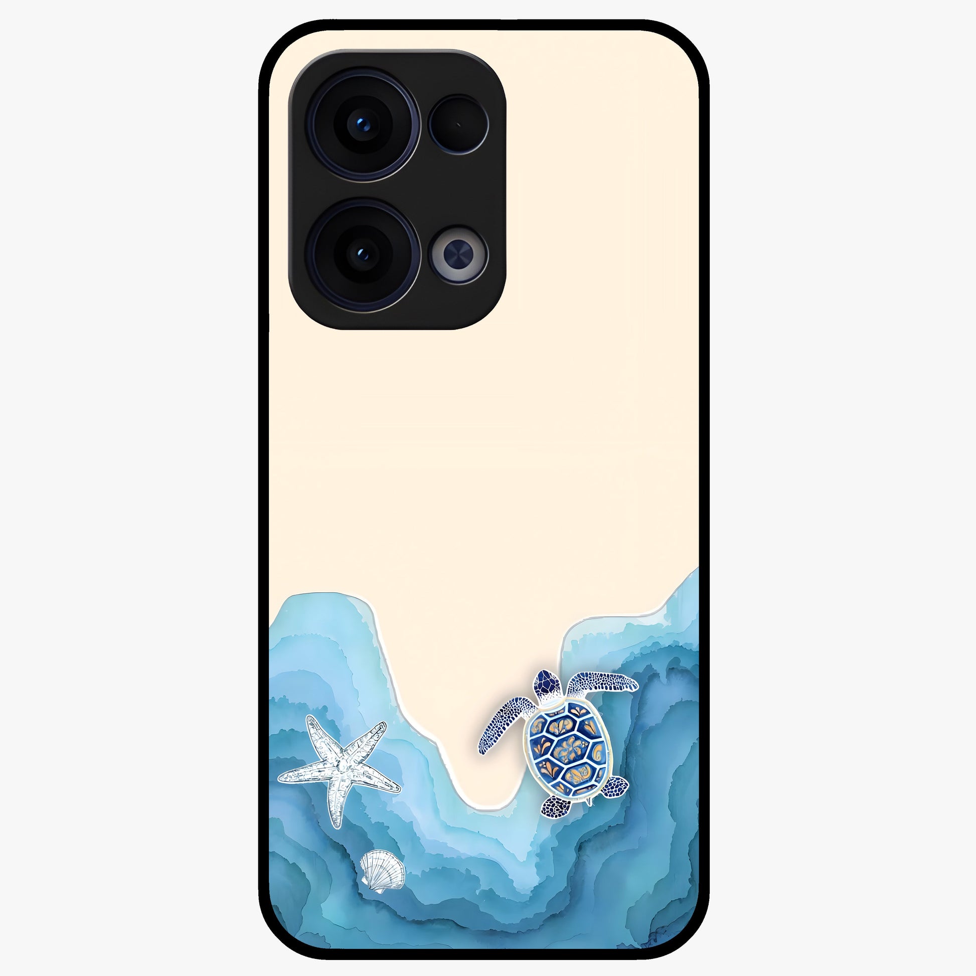 Ocean Drift Turtle Glass Case showing flat back view with sea turtle artwork and glossy glass finish.