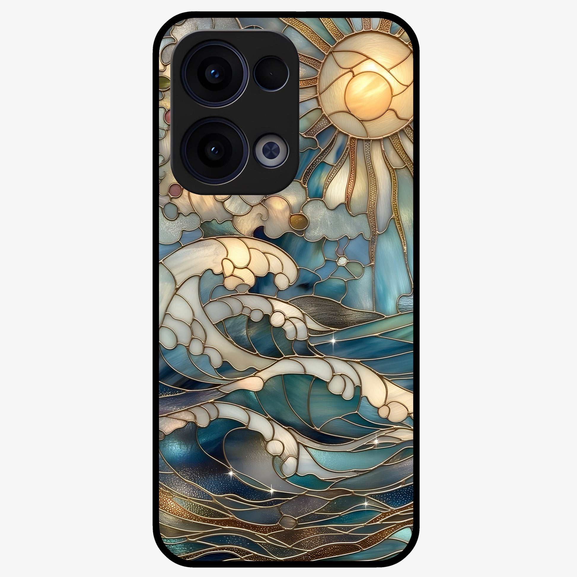 Oceanic Stained Printed Glass Case showing flat back view with ocean inspired stained pattern artwork and glossy glass finish.