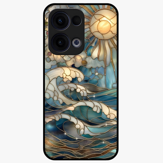 Oceanic Stained Printed Glass Case showing flat back view with ocean inspired stained pattern artwork and glossy glass finish.