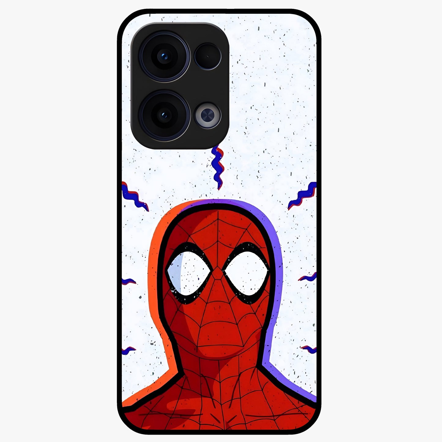 Omg Spiderman Glass Case showing flat back view with bold superhero inspired artwork and glossy glass finish.