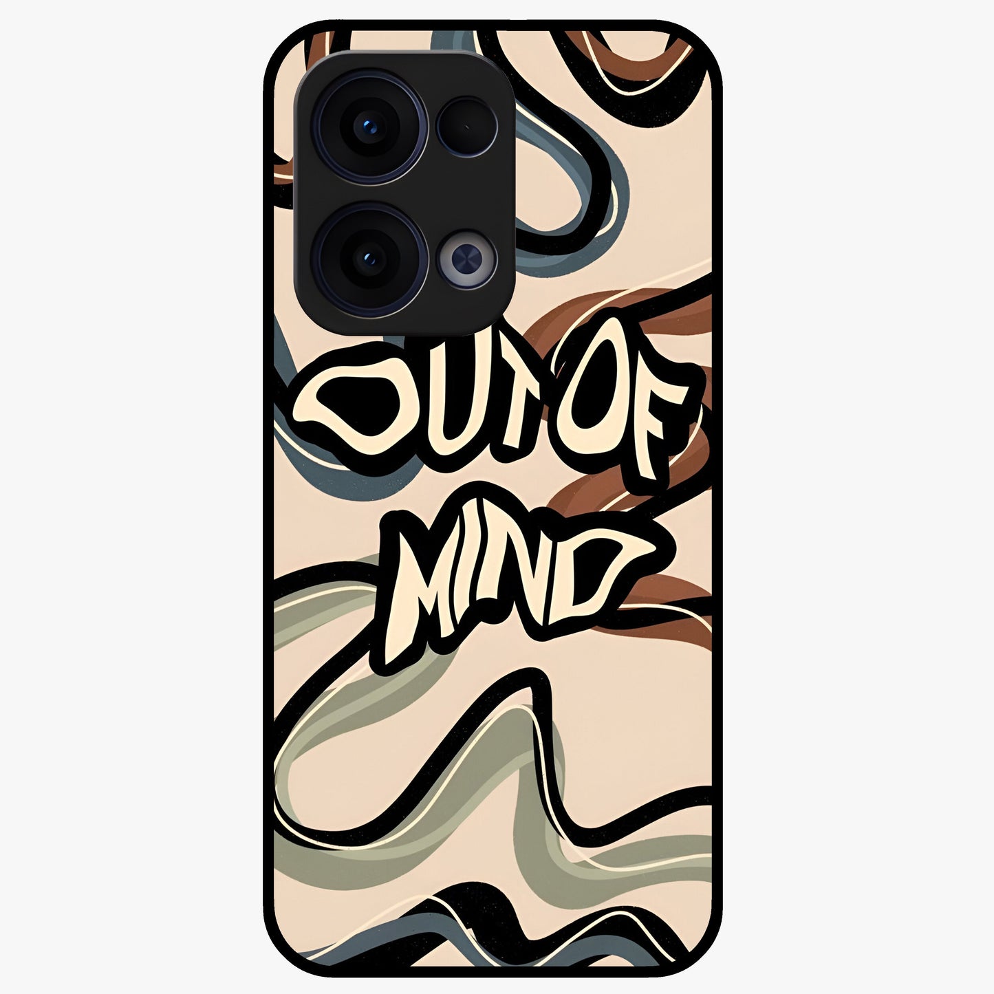 Out Of Mind Glass Case showing flat back view with expressive typography artwork and glossy glass finish.