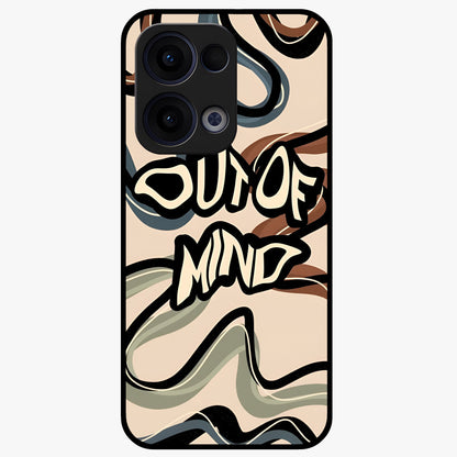 Out Of Mind Glass Case showing flat back view with expressive typography artwork and glossy glass finish.