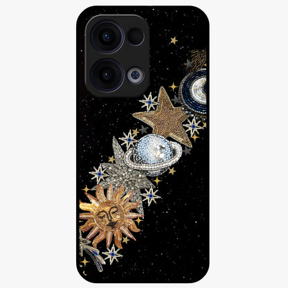 Pearls Universe Object Glass Case showing flat back view with pearl inspired cosmic artwork and glossy glass finish.
