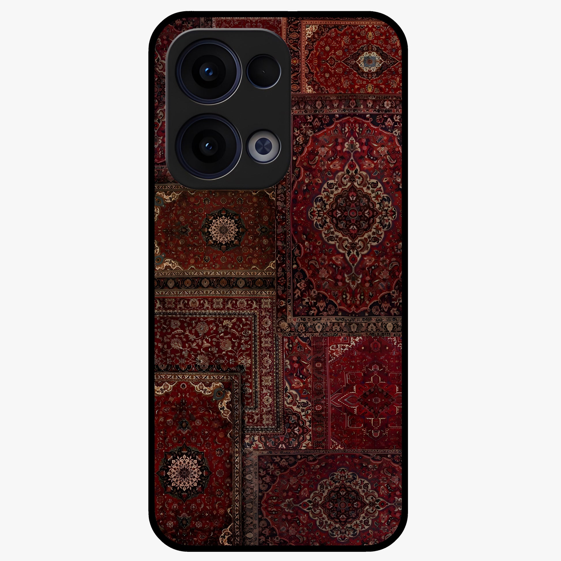 Persian Velvet Tale Glass Case showing flat back view with luxurious Persian velvet pattern artwork and glossy glass finish.